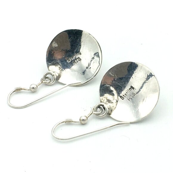 NATIVE AMERICAN turquoise & sterling silver concho earrings - signed HTS drop - Picture 6 of 7